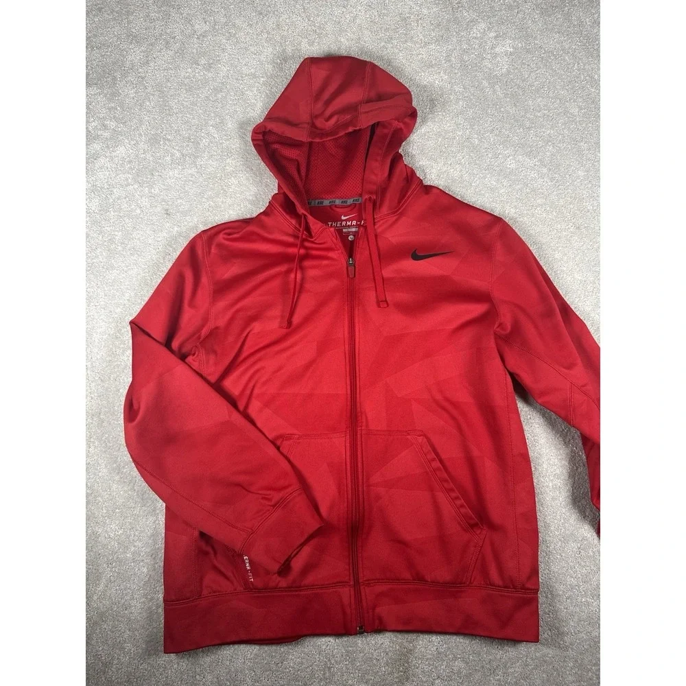 Nike Sweatshirt Men L Therma-Fit Red Full Zip Hooded Jacket Red On Red Geometric